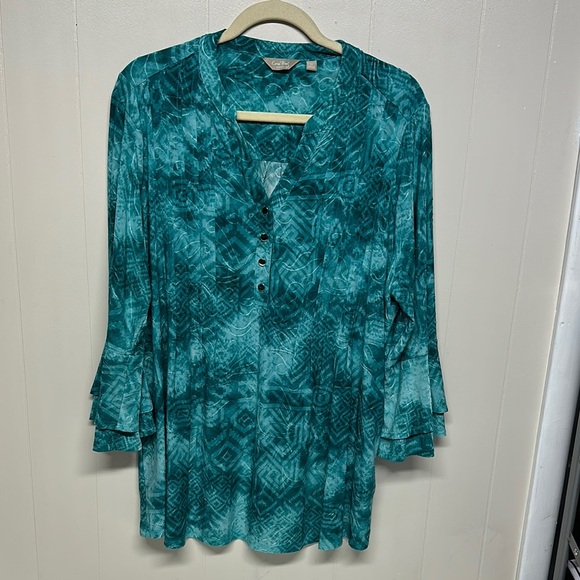 Coral Bay Green and Blue Tunic with Bell Sleeves and Mandarin Collar - Picture 1 of 11
